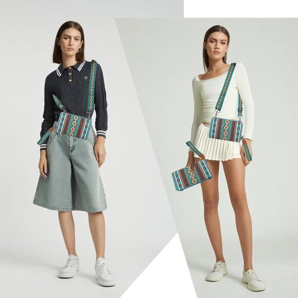 Water Blue Canvas Boho Western Wallet Wristlet with Detachable Straps, Credit Ca - Picture 6 of 6